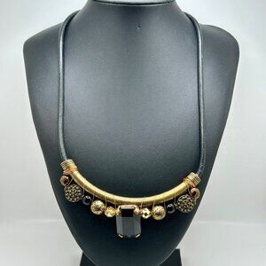 Chico's Necklace Jewelry Statement 22" Vintage Brass Tone Black Stone Corded